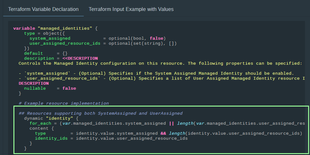 managed identity implementation - for resources supporting both a SystemAssigned & UserAssigned id