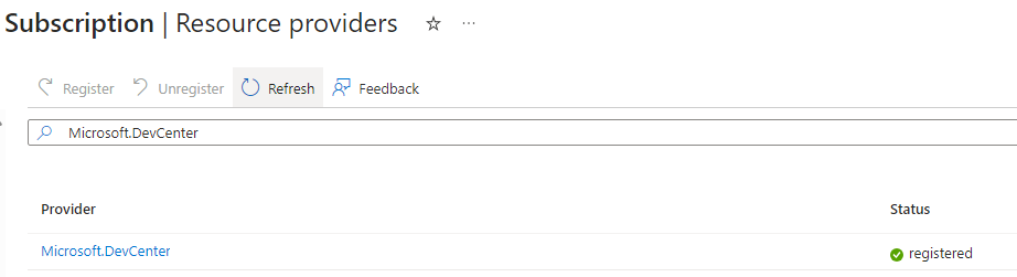 illustrating the registered Microsoft.DevCenter resource provider