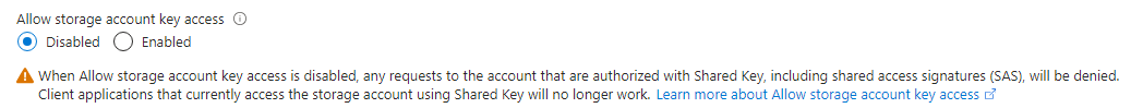turn off ‘storage account key access’