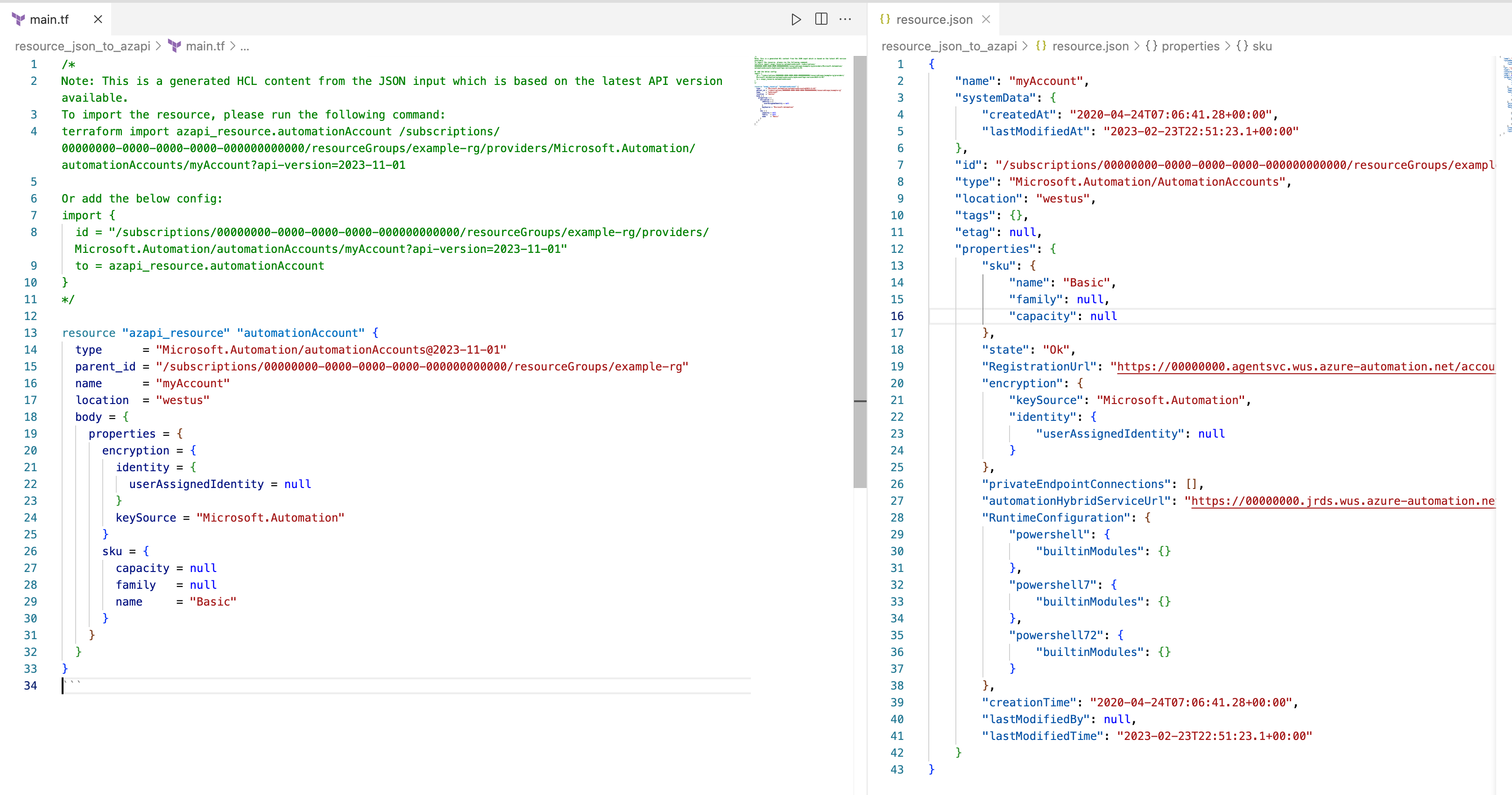 screenshot showing json resource converted to AzAPI resource