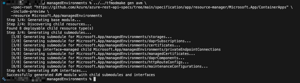 tfmodmake CLI output running the gen avm command to generate a base module, discover child resources, generate submodules, and add AVM interfaces.