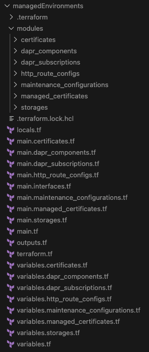 Directory layout of the generated AVM module, including child submodules, parent-child wiring files, and the main.interfaces.tf AVM interfaces file.