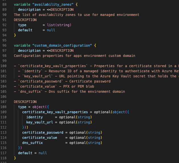 Generated Terraform variables with types, descriptions, and validation blocks derived from the Azure OpenAPI schema.