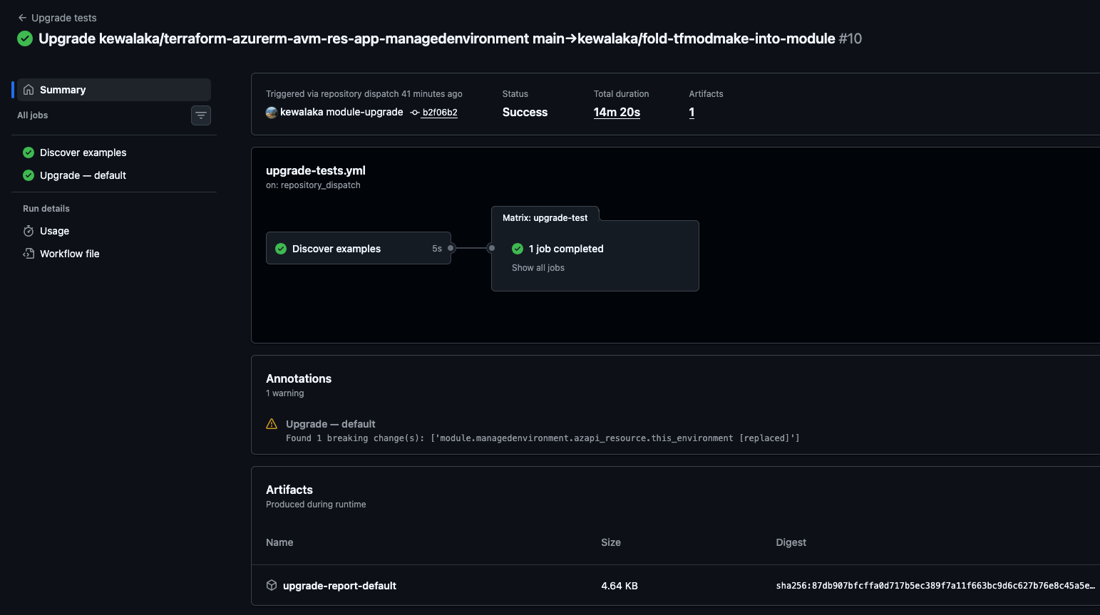 GitHub Summary report view for Upgrade tests action