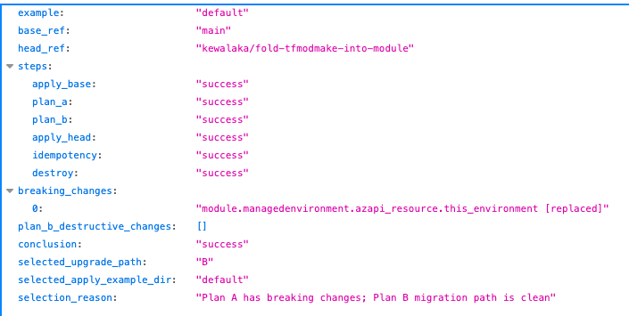 summary report from running default example on Managed App Environment